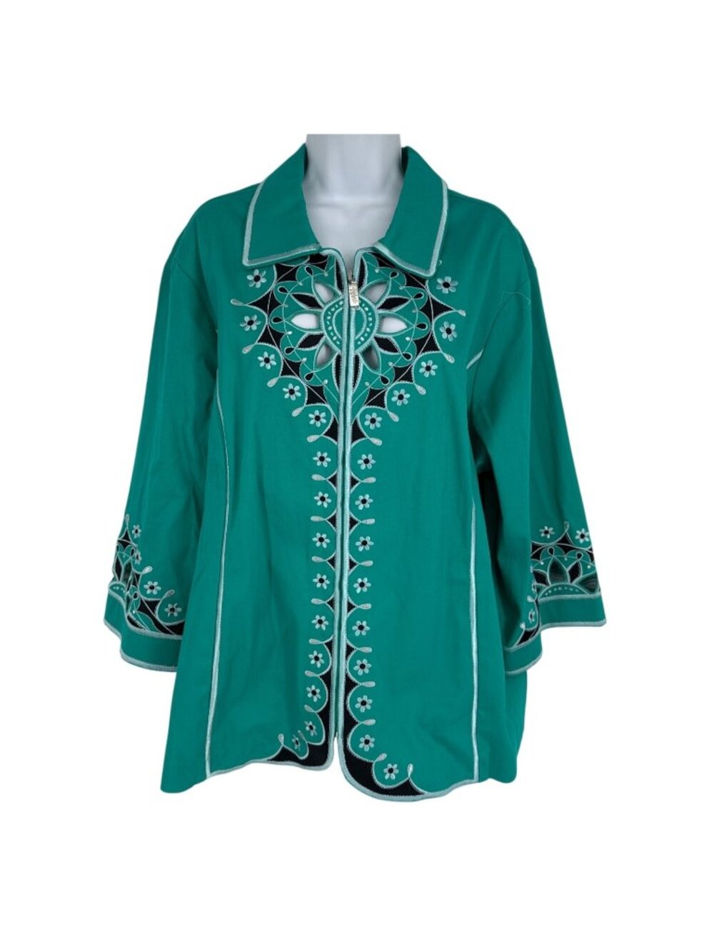 Bob Mackie Embroidered Jacket With Floral Cutout Design Zip Front Closure Sz 2X